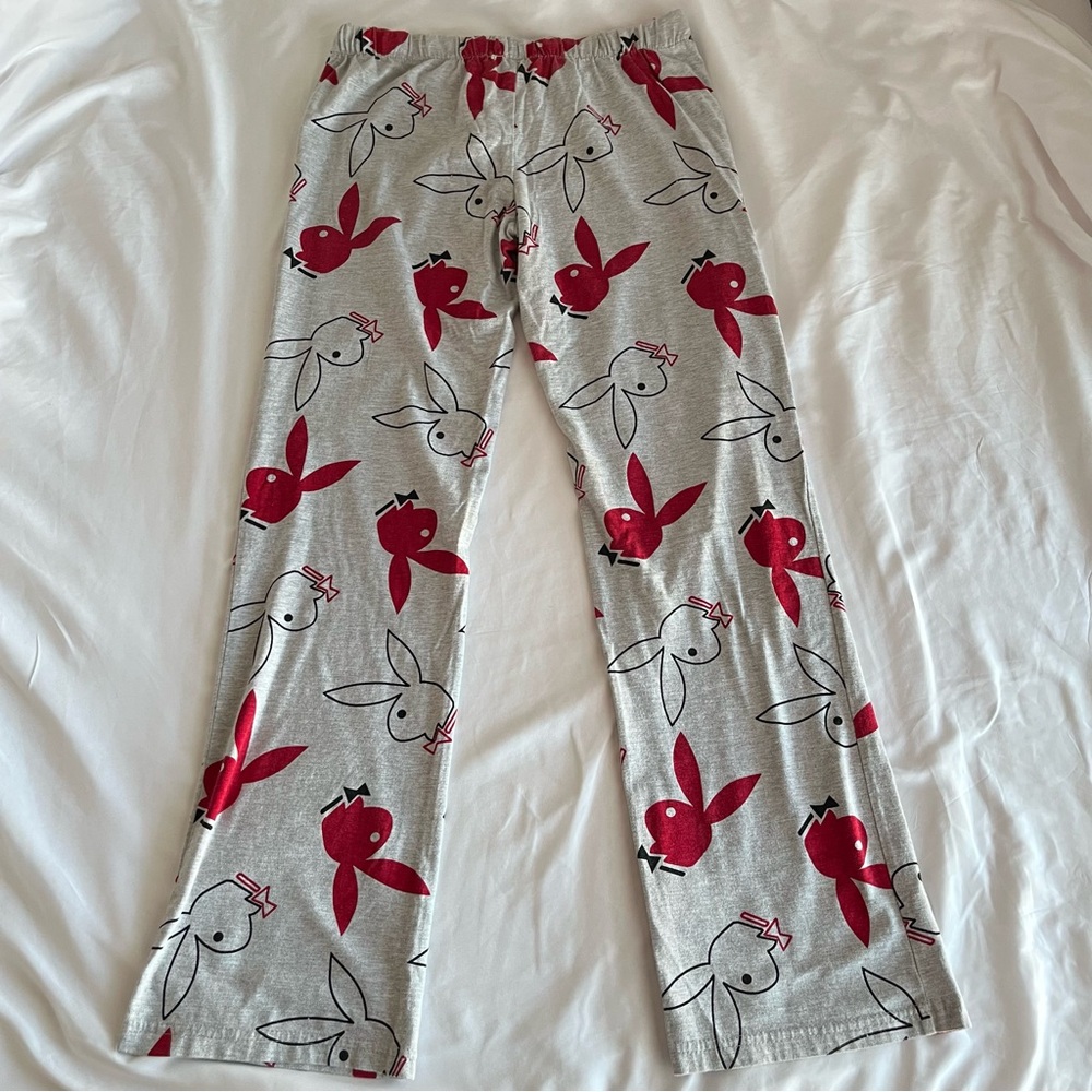 Playboy Lounge Pants Medium Gray Red Bunny Print Y2K Elastic Waist - Picture 5 of 6